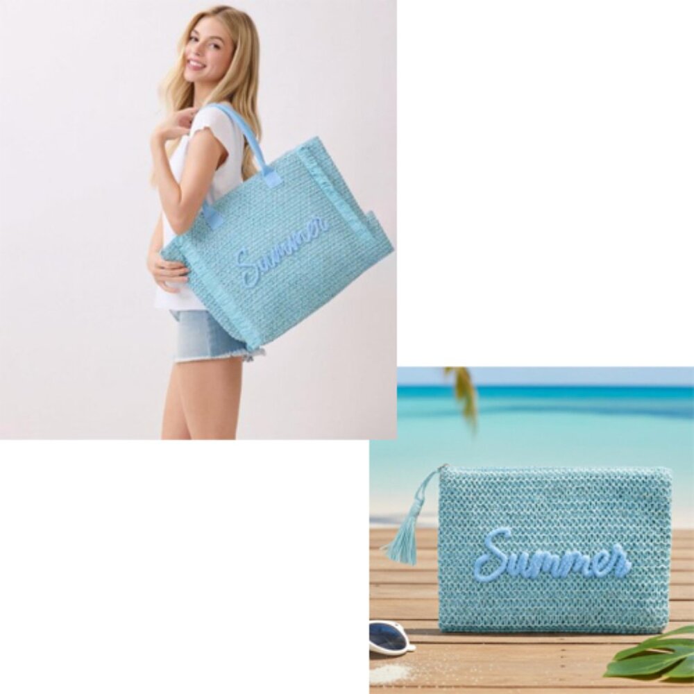 Blue Woven Straw Fringe Tote & Pouch with Summer Embroidery & Gold Lurex Detail